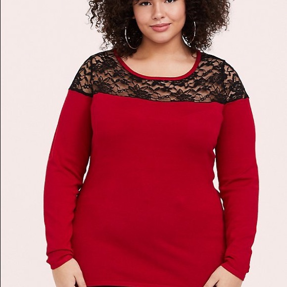 RED SWEATER-KNIT & LACE YOKE TOP - Picture 1 of 4
